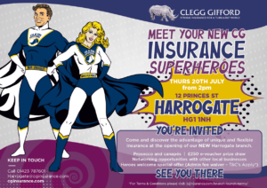 Harrogate brach launch poster in landscape layout with brand ambassadors Mr Unique and Miss Flexible inviting you to the event